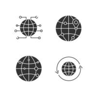 Worldwide glyph icons set. Internet connection, international route map, globe with round arrow. Silhouette symbols. Vector isolated illustration