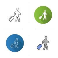 Person with baggage icon. Tourist, traveler. Passenger. Flat design, linear and color styles. Isolated vector illustrations