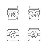 Fruit preserves linear icons set. Pear, cherry, raspberry and strawberry jam jars. Thin line contour symbols. Isolated vector outline illustrations