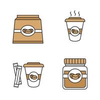 Coffee color icons set. Coffee paper pack, glass jar and hot drink with sugar. Isolated vector illustrations