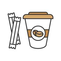 Coffee to go with sugar sachets color icon. Disposable coffee cup with lid. Isolated vector illustration