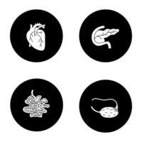 Internal organs glyph icons set. Heart, pancreas and duodenum, small intestine, ovary and fallopian tube. Vector white silhouettes illustrations in black circles