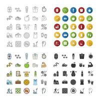 Fitness icons set. Sports equipment. Exercise machines, barbells, dumbbells, clothes. Linear, flat design, color and glyph styles. Isolated vector illustrations