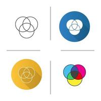 Cmyk or rgb color circles icon. Venn diagram. Overlapping circles. Flat design, linear and color styles. Isolated vector illustrations