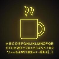 Cup with hot drink neon light icon. Coffee, tea, cocoa. Glowing sign with alphabet, numbers and symbols. Vector isolated illustration