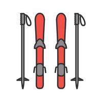 Skiing equipment color icon. Ski boards and poles. Isolated vector illustration