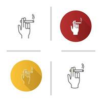 Hand holding burning cigarette icon. Smoker's hand. Flat design, linear and color styles. Isolated vector illustrations