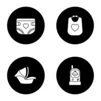 Childcare glyph icons set. Baby diaper, bib, car seat, radio nanny. Vector white silhouettes illustrations in black circles