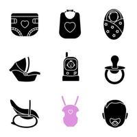 Childcare glyph icons set. Baby diaper, bib, newborn, car seat, radio nanny, pacifier, rocking chair, carrying bag, child face. Silhouette symbols. Vector isolated illustration