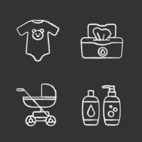 Childcare chalk icons set. Baby carriage, bodysuit, wet wipes, shampoo and soap. Isolated vector chalkboard illustrations