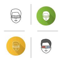 Man with polarized 3D glasses icon. Anaglyph glasses. Flat design, linear and color styles. Isolated vector illustrations