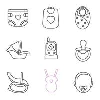 Childcare linear icons set. Baby diaper, bib, newborn, car seat, radio nanny, pacifier, rocking chair, carrying bag, child face. Thin line contour symbols. Isolated vector outline illustrations