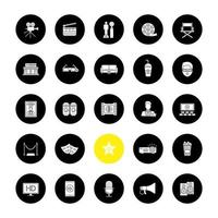 conjunto de iconos de glifo de cine. cine. equipo, servicio, premios. ilustraciones de siluetas blancas vectoriales en círculos negros vector