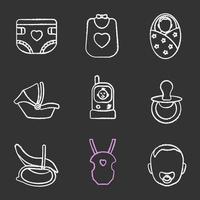 Childcare chalk icons set. Baby diaper, bib, newborn, car seat, radio nanny, pacifier, rocking chair, carrying bag, child face. Isolated vector chalkboard illustrations