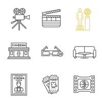 Cinema linear icons set. Movie camera, clapperboard, awards, cinema building, 3D glasses, film frame, tickets, poster, table and sofa. Thin line contour symbols. Isolated vector outline illustrations