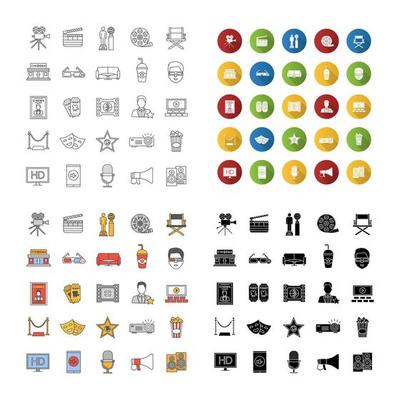 Cinema icons set. Movie theater. Equipment, service, awards. Linear, flat design, color and glyph styles. isolated vector illustrations