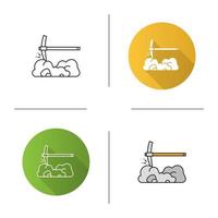 Pick axe breaking rocks icon. Mining. Navvy pick. Flat design, linear and color styles. Isolated vector illustrations