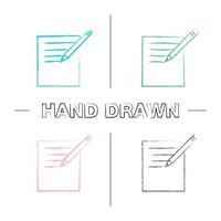 Notepad with pencil hand drawn icons set. Color brush stroke. Taking notes. Isolated vector sketchy illustrations