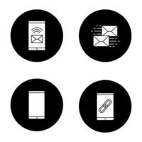 Smartphone apps glyph icons set. Incoming message, mailing, mobile phone, link sharing. Vector white silhouettes illustrations in black circles