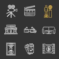 Cinema chalk icons set. Movie camera, clapperboard, awards, cinema building, 3D glasses, film frame, tickets, poster, table and sofa. Isolated vector chalkboard illustrations