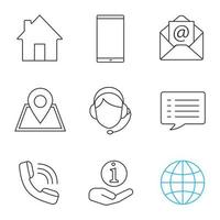 Information center linear icons set. Homepage, smartphone, email, GPS, hotline, chat, call, helpdesk, globe. Thin line contour symbols. Isolated vector outline illustrations