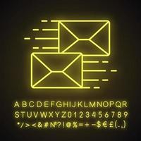 Mailing neon light icon. Glowing sign with alphabet, numbers and symbols. Correspondence. Flying envelopes. Messenger. Email. Vector isolated illustration