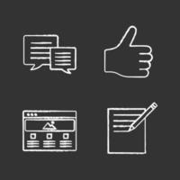 Information center chalk icons set. Chatting, taking notes, thumbs up, web page. Isolated vector chalkboard illustrations