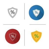 Shield with percent icon. Safe investment. Flat design, linear and color styles. Isolated vector illustrations