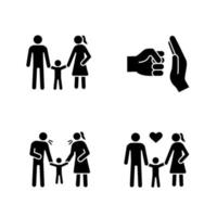 Child custody glyph icons set. Silhouette symbols. Childcare. Happy families. Domestic violence, positive parenting, parents scolding child. Vector isolated illustration