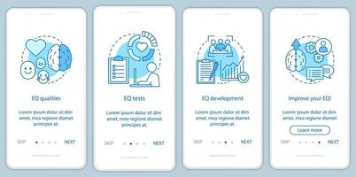 Emotional intelligence onboarding mobile app page screen vector template. EQ qualities, test, development. Walkthrough website steps with linear illustrations. UX, UI, GUI smartphone interface concept