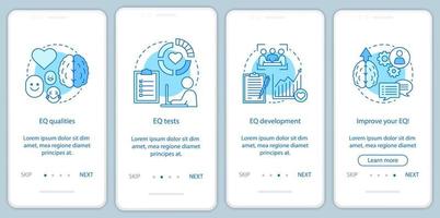 plantilla de vector de pantalla de página de aplicación móvil de incorporación de inteligencia emocional. calidades eq, prueba, desarrollo. paso a paso del sitio web con ilustraciones lineales. ux, ui, concepto de interfaz de teléfono inteligente gui