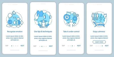 Emotions managing onboarding mobile app page screen vector template. Recognize, use tips, enjoy calmness. Walkthrough website steps with linear illustrations. UX, UI, GUI smartphone interface concept