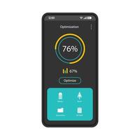 optimizador de teléfono, plantilla vectorial de interfaz más limpia. diseño de diseño en negro de la página de la aplicación de refuerzo móvil. pantalla de la aplicación de optimización vector