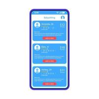 Babysitter app smartphone interface vector template. Nanny order, booking mobile page blue design layout. Babysitting, childcare services application screen. Flat UI. Profiles list on phone display