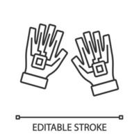 VR gloves linear icon. Thin line illustration. Haptic, wired gloves. Datagloves, cybergloves. Contour symbol. Vector isolated outline drawing. Editable stroke