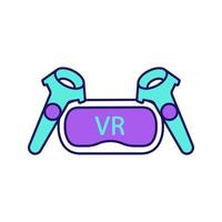 VR set color icon. Virtual reality headset and controllers. VR glasses with remote control, gamepad. Isolated vector illustration