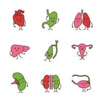 Sad human internal organs characters color icons set. Unhealthy cardiovascular, digestive, respiratory, reproductive, lymphatic, urinary systems. Isolated vector illustrations