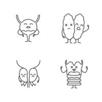 Sad human internal organs characters linear icons set. Thin line contour symbols. Unhappy larynx, thymus gland, prostate, urinary bladder. Isolated vector outline illustrations. Editable stroke