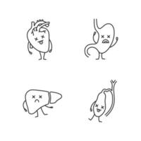 Sad human internal organs characters linear icons set. Thin line contour symbols. Unhappy heart, stomach, liver, gallbladder. Isolated vector outline illustrations. Editable stroke