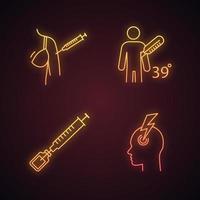 Vaccination and immunization neon light icons set. Glowing signs. Womans arm injection, fever, vaccine, migraine. Flu symptoms. Hepatitis, measles vaccination. Vector isolated illustrations