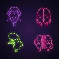 Sad human internal organs characters neon light icons set. Glowing signs. Unhappy tongue, brain, spleen, kidneys. Unhealthy nervous, lymphatic, urinary systems. Vector isolated illustrations