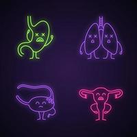 Sad human internal organs characters neon light icons set. Glowing signs. Unhappy stomach, lungs, ovary, fallopian tube, uterus. Unhealthy digestive, respiratory systems. Vector isolated illustrations