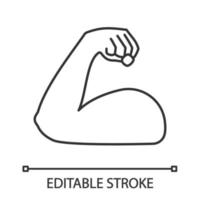 Flexed bicep linear icon. Thin line illustration. Strong emoji. Muscle. Bodybuilding, workout. Mans arm, forearm. Contour symbol. Vector isolated outline drawing. Editable stroke