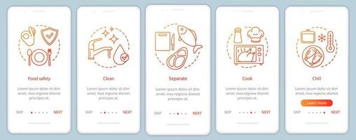 Food safety onboarding mobile app page screen template. Food processing, handling, preparation and storage. Clean, separate, cook, chill. Walkthrough website steps. UX, UI, GUI smartphone interface