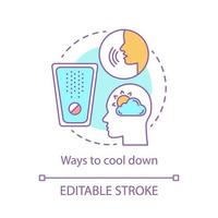 Ways to cool down concept icon. idea thin line illustration. Medical therapy. Mental health. Mindfulness. Stress overcoming. Feeling expression. Vector isolated outline drawing. Editable stroke