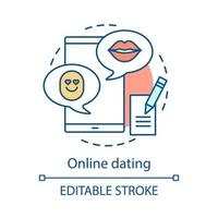 Online dating app concept icon. Chatting via messenger idea thin line illustration. Romantic messaging, internet flirt. Date, love search application. Vector isolated outline drawing. Editable stroke