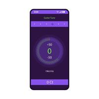 Guitar tuner smartphone interface vector template. Mobile musical app page purple design layout. String instrument tuning, mode application screen. Flat UI . Bass sound check setting on phone display