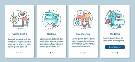 Online dating onboarding mobile app page screen vector template. Chatting, live meeting, wedding steps with linear illustrations. Internet date, love service. UX, UI, GUI smartphone interface concept