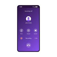 Phone calls app smartphone interface vector template. Mobile application page purple design layout. Incoming call, voice recording on screen. Mute, keypad, speaker buttons on display. Flat gradient UI