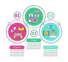 VR programs vector infographic template. Virtual reality videos, apps, games. Data visualization with three steps and option. Process timeline chart. Workflow layout with icons